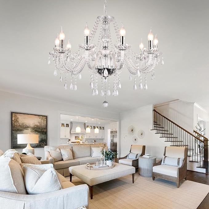 Modern Elegant 10 Lights K9 Crystal Glass Chandelier Silver Pendant Ceiling Lighting European Style for Dining Living Room Bedroom Transparent, 10 E12 Bulbs Required-Ruum Studio Home