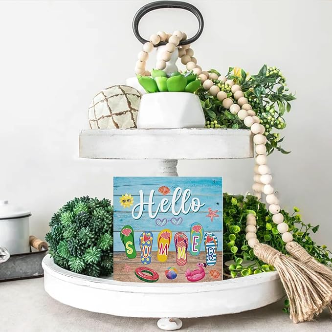 Summer Decor Hello Summer Decorations Flip Flop Wooden Sign Rustic Home Decor 5 x 5 Inches-Ruum Studio Home