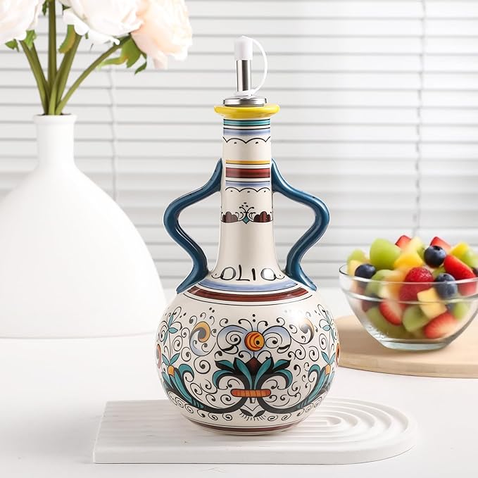 Ceramic Olive Oil Dispenser Bottle 23oz with Handles, Hand Painted Multi-Use Oil Cruet & Flower Vase, Decorative Stoneware Kitchen Cruet with Stainless Steel Spout for Oils, Sauces, Vinegar (B)-Ruum Studio Home