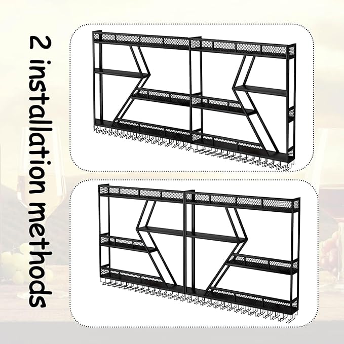 Wall Mounted Wine Rack with Glass Holder, 3-Tier Metal Storage Shelf, Black Diamond Design, Wine Bottle Display with Stemware Storage (Black, 31.49in/Right)-Ruum Studio Home