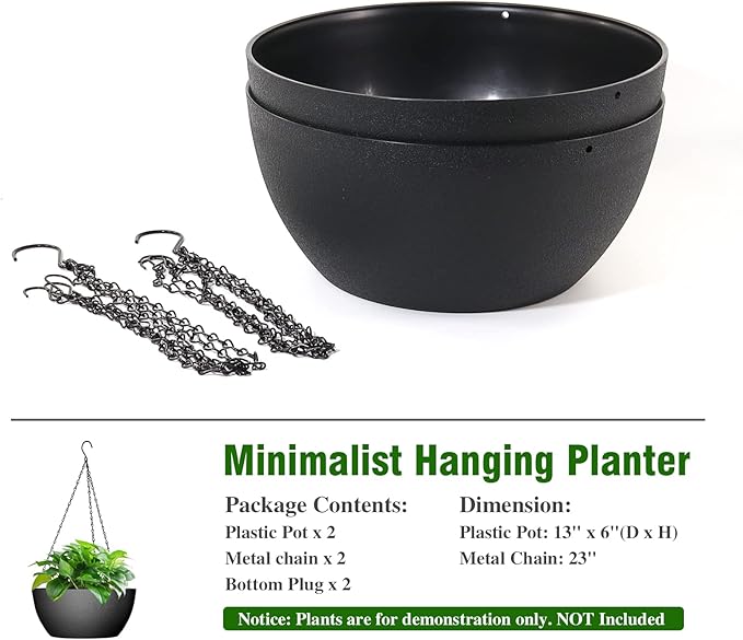 13 inch Large Hanging Planters Plant Pots for Outdoor Indoor Plants with Drainage Holes and Chain, 2 Pack Round Hanging Flower Pots for Garden Home Porch Decor, Black-Ruum Studio Home