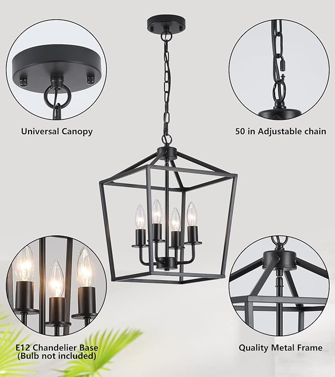 AMZASA UL Listed Black Industrial 4 Light Lantern Chandelier Ceiling Light Fixtures Farmhouse Metal Cage Rustic Geometric Pendant Light for Kitchen Island Entryway Dining Room Stairs and Hallway-Ruum Studio Home