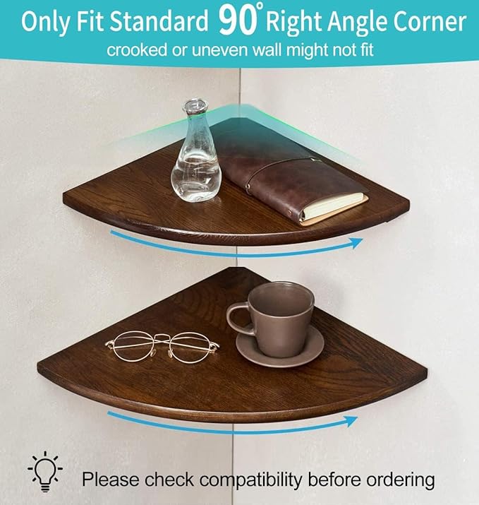 Corner Shelves, Floating Corner Shelf, Set of 3 Solid Oak Wood Corner Wall Shelves, Round End with Wire Hole Shelving for Small Plant for Bedroom Kitchen, Living Room (Size 9/10/12in)-Ruum Studio Home