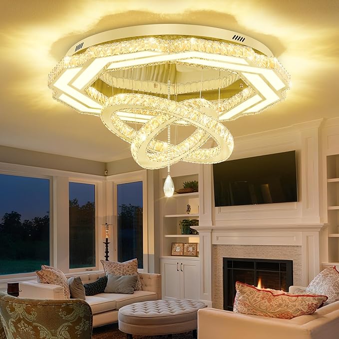 Flashing God Crystal Chandeliers Dia 32" Gold Chandelier Flush Mount Ceiling Light for Bedroom Living Room Dining Room Hallway Dimmable 3 Rings LED Celing Lighting Fixtures-Ruum Studio Home