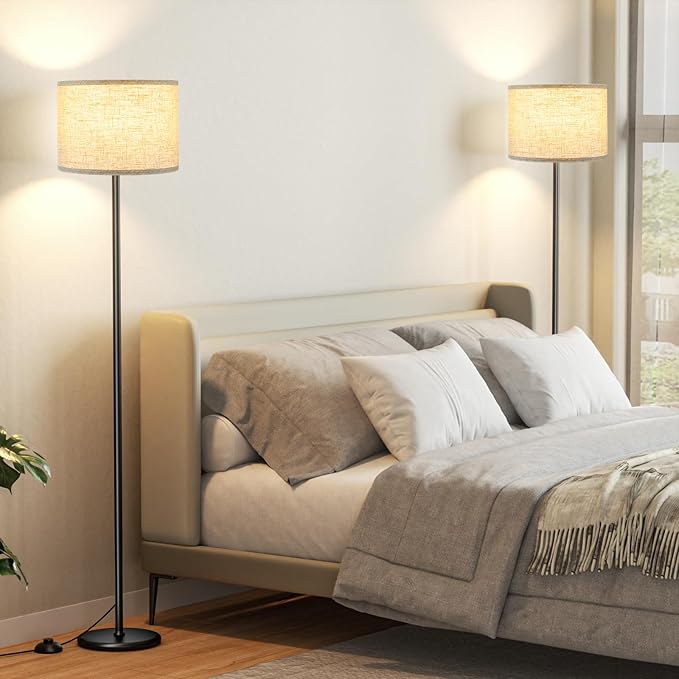 Ambimall 60'' Modern Floor Lamp Set of 2, 2PK Tall Lamps for Living Room Bedroom, Beige Shade with Black Pole(Without Bulb)-Ruum Studio Home