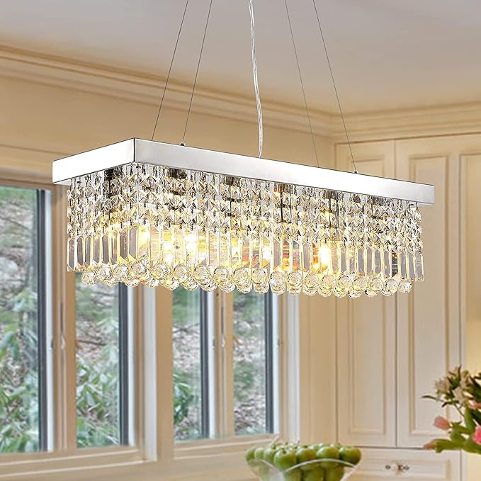 Siljoy 6-Light Modern Crystal Chandelier for Dining Room, Rectangular K9 Crystal Raindrop Chandelier, Rectangle Pendant Ceiling Light Fixture for Living Room Kitchen Island L31.5'' x W10'' x H10''-Ruum Studio Home