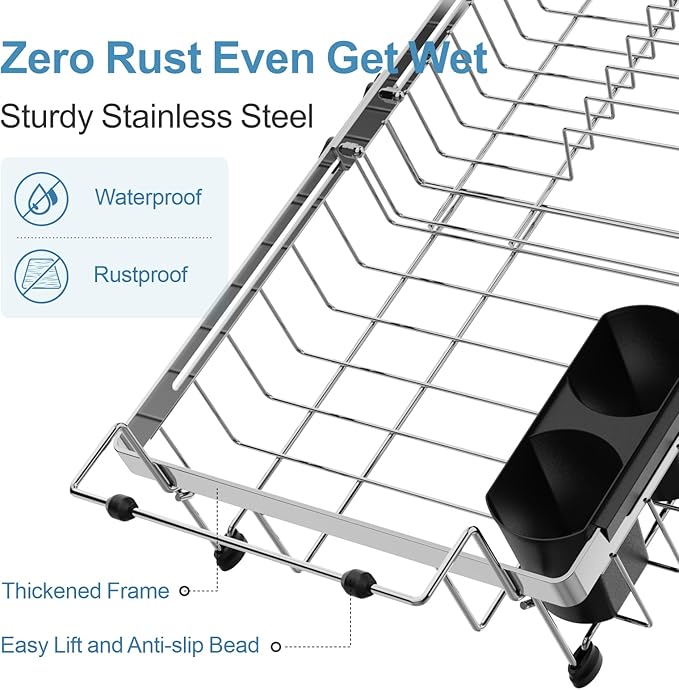 GSlife Expandable in Sink Dish Drying Rack - Capacity Adjustable Stainless Steel Over The Sink Dish Drainer with 2 Cup Holder and Utensil Holder for Kitchen Sink, 10.8"~17.9" L x 14.2" W, Silver-Ruum Studio Home