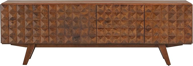 NTC Sapa Mid-Century Modern Solid Wood TV Stand 4-Door Media Console with Carved Geometric Fronts for TVs up to 75", Effortless Assembly, Dark Walnut-Ruum Studio Home