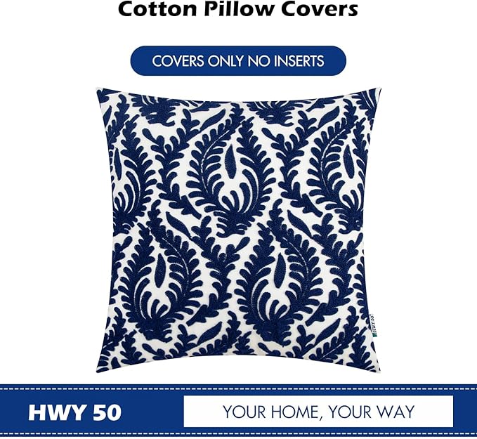HWY 50 Navy Blue Decorative Throw Pillow Covers 18x18 Inch (1 Piece), Embroidered Cotton Farmhouse Cushion Cover Pillow Case for Sofa Couch Living Room Bed Bedroon, Floral Branches-Ruum Studio Home