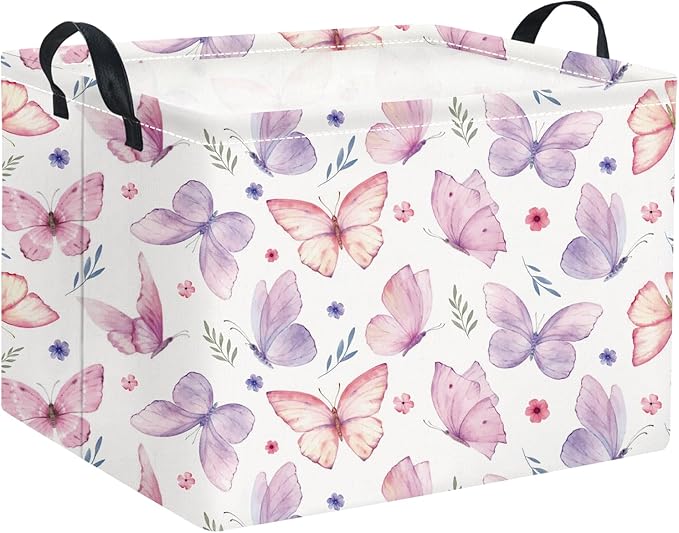 HIYAGON Rectangular Pink Basket for Girls Kids Baby Storage Basket Toy Storage Bin Organizer Box Room Decor(Watercolor Butterfly)-Ruum Studio Home