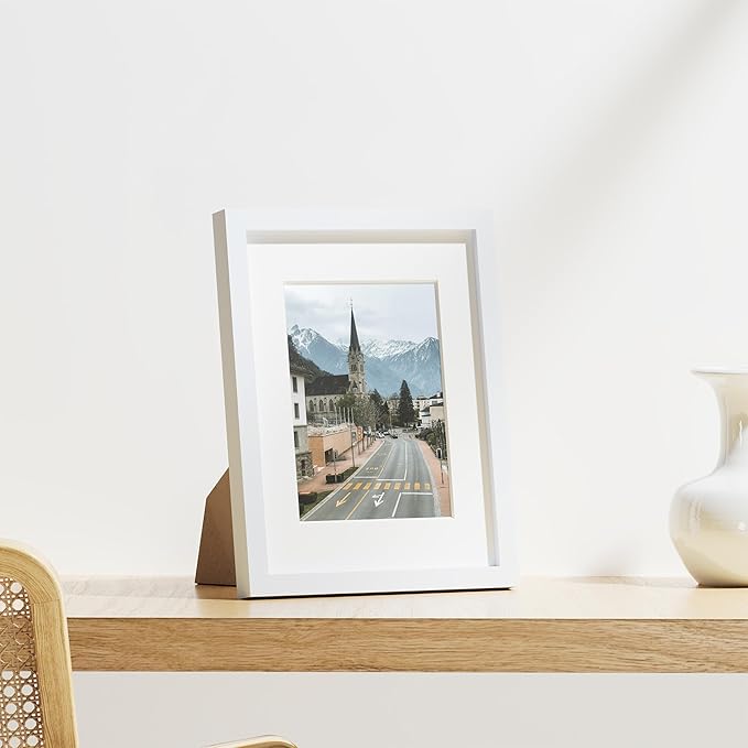 Vittanly 8.5x11 Picture Frames Set of 9, Shatter Resistant Plexiglass, Display 6x8 Pictures with Mat or 8.5x11 without Mat, Photo Frames for Wall or Tabletop, Engineered Wood, White-Ruum Studio Home