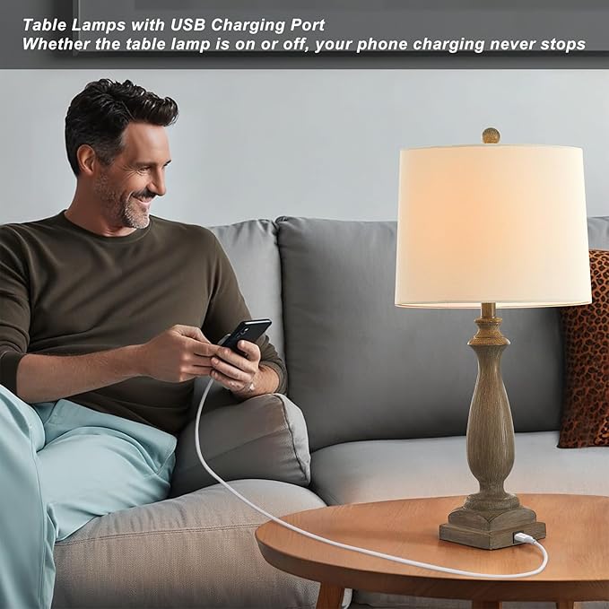 𝟐𝟔-𝐈𝐍𝐂𝐇 Rustic Table Lamp Set of 2 for Living Room, Vintage Farmhouse Bedside Lamp with USB Charging Port, 3 Way Dimmable Resin Nightstand Lamps with White Shade for Bedroom, End Table-Ruum Studio Home