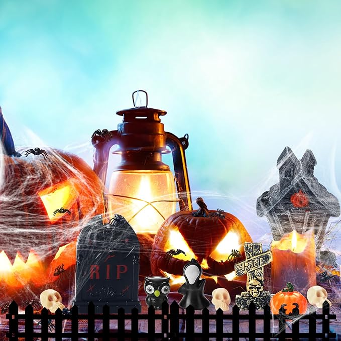 56 Pcs Halloween Village Accessories Set Halloween Haunted House Village Set Miniature Tombstones Tree Fake Spiders Fence Streetlamp Figurines for Home Table Party Decor-Ruum Studio Home