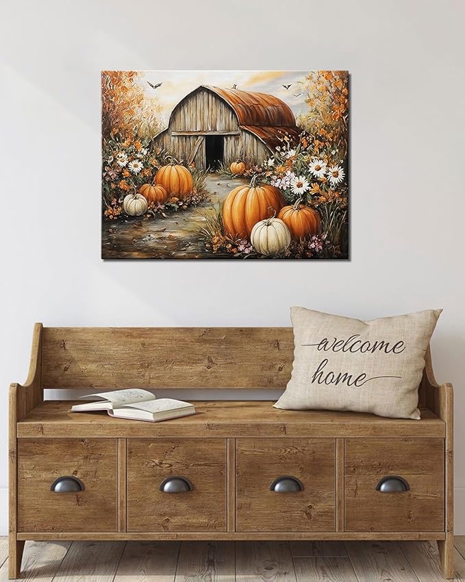 Autumn Pumpkin Barn Framed Wall Art Decor, Moody Fall Decor Rustic Country Landscape Picture Print for Farmhouse Decor,Thanksgiving Decorations Country Canvas Wall Art, Ready to Hang-Ruum Studio Home