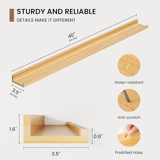 Picture Ledge Shelf, Solid Pine Wood Floating Shelves Set of 2, 40 Inches Nursery Book Shelves for Toys Storage, Kids Bookshelf Wall Mounted for Living Room Bedroom Decor Books Photo Frames, Natural-Ruum Studio Home