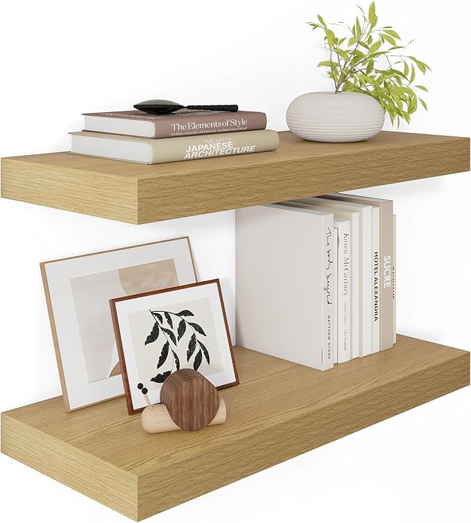 12 Inch Deep Floating Shelves 24 inch Long, 24 x 12 Wide Wall Shelves with Invisible Brackets, Heavy Duty Shelf for Bedroom Bathroom Living Room Kitchen Office Home Decor, Modern Shelf Set of 2, Oak-Ruum Studio Home