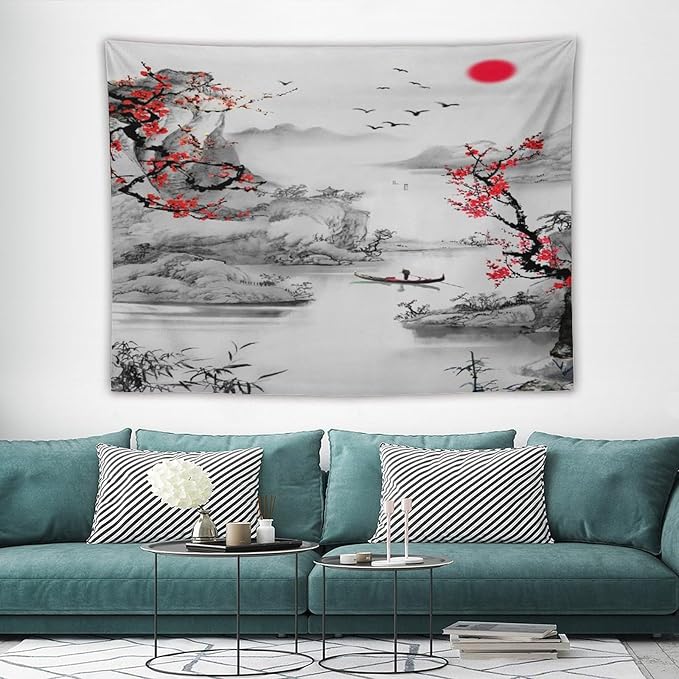 Cherry Blossoms Tapestry,Japanese Red Landscape Watercolor Abstract Art Tapestry,Asian Japanese Wall Tapestry, Nature Landscape Tapestries for Bedroom Living Room Decor 80"x60"-Ruum Studio Home
