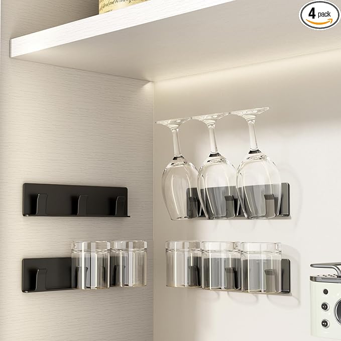 Cup Holder, 4 Pack Wine Glass Holder，No Drilling Installation Wine Glass Holder Wall Mounted for Dining Room, Kitchen and Bar Daily Use (Classic Black)-Ruum Studio Home