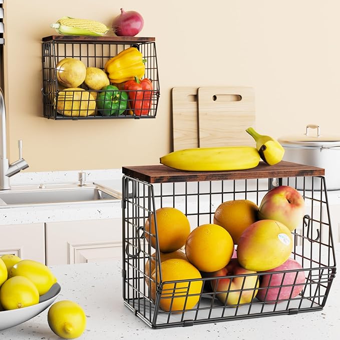 2pcs Fruit Basket Kitchen Storage Basket with Wood Lid, Stackable Wall Basket Fruit Basket for Kitchen, Countertop Organizer for Snack, Fruit and Veggie Storage, 11.8 x 7.9 x 8.5 Inch-Ruum Studio Home