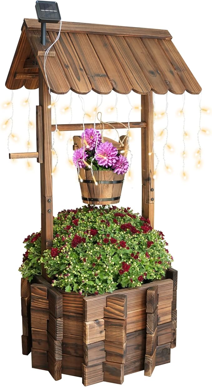 Garden Wooden Decor Rustic Wishing Well with Light Planter Outdoor Home Décor for Patio, Upgrade Wishing Well Garden, Yard Hanging Bucket Patio Lawn Backyard Home Decor-Ruum Studio Home