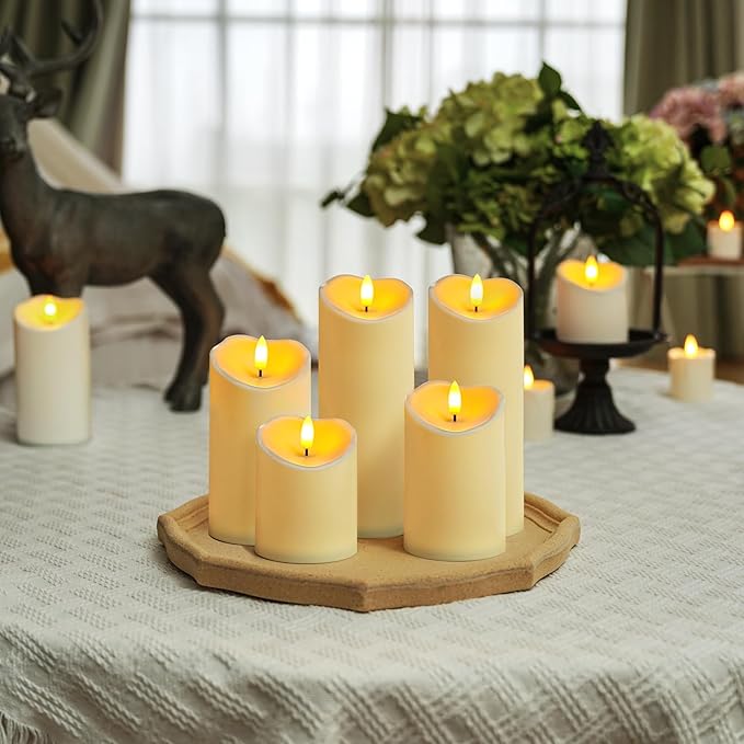 Homemory Outdoor Waterproof Flameless Candles, LED Candles, Battery Operated Candles with Remote and Timers, Electric Fake Plastic Pillar Candles, Dark Ivory, D3 H4 5" 6" 8" 8", Set of 5-Ruum Studio Home