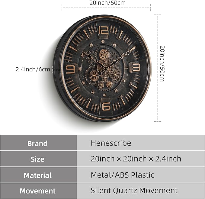 20in Large Real Moving Gears Wall Clock for Living Room, Battery Operated Wall Clocks Decorative Vintage, Home Office Clock, Gift for Family, Friends-Ruum Studio Home