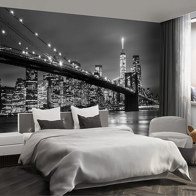 Gray Brooklyn Bridge at Night NYC Wall murals New York Peel and Stick Wallpaper for Bedroom Living Room - 96"x137"-Ruum Studio Home