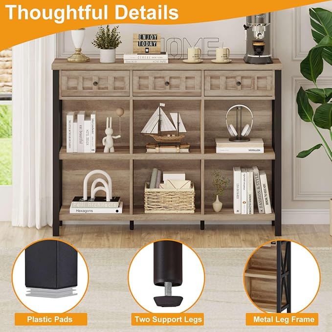 FATORRI Rustic 6 Cube Storage Organizer Shelf with 3 Drawers, Long Horizontal Bookshelf, Industrial Wood and Metal Cubby Bookcase for Living Room (Rustic Oak, 47 Inch)-Ruum Studio Home
