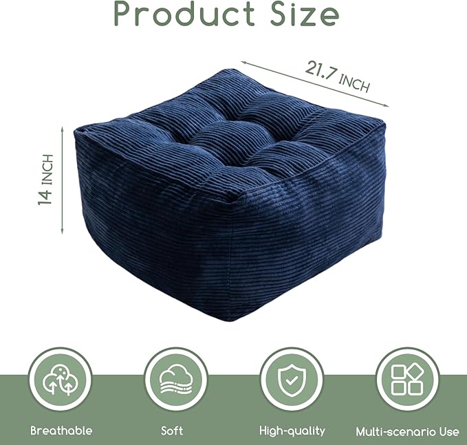 HIGOGOGO Square Stuffed Pouf Ottoman, Corduroy Poufs with Foam Chunk Filling, Furry and Fluffy Pouf Foot Stool Storage Ottoman, 21 X 21 Floor Poufs Foot Rest for Living Room, Navy-Ruum Studio Home