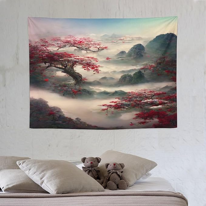 Houselerax Japanese Tapestry, Red Plum Cherry Blossom Mountain Tapestries, Asian Japanese Wall Decor, Nature Landscape Tapestries for Bedroom Living Room Decor 40"x30"-Ruum Studio Home