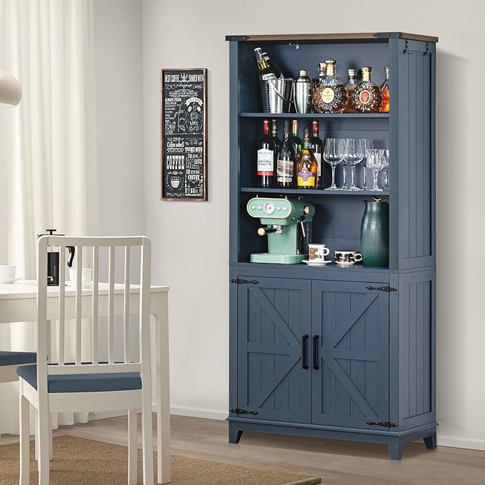 70in Tall Bookshelf 5 Tier Bookcase with Barn Doors and Adjustable Shelves, Blue Farmhouse Book Shelf with Storage Cabinet, Wood Freestanding Display Bookshelves for Bedroom, Living Room-Ruum Studio Home