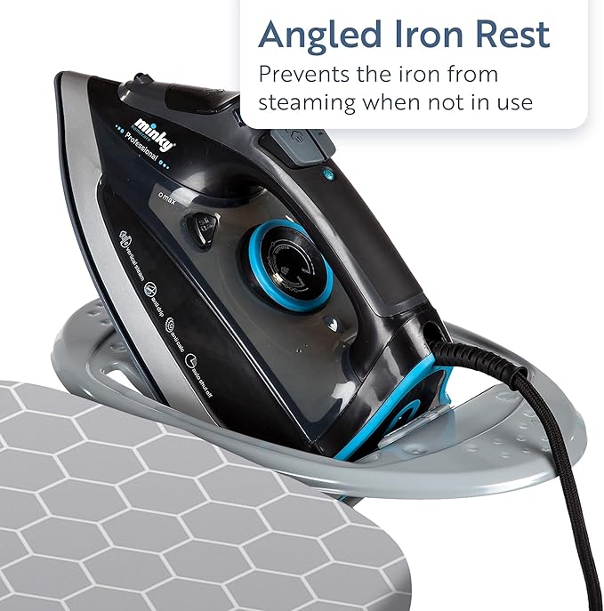 Minky Homecare Classic 4-Leg Ironing Board with Iron Rest - Freestanding Full Size Iron Board for Clothes Pressing with 43" x 14" Surface - Grey Honeycomb-Ruum Studio Home