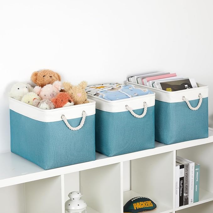 Bidtakay Large Storage Baskets for Shelves 3 Pack 16x11.8x11.8 Inch Storage Bins for Organizing Fabric Storage Cubes for Closet Clothes Basket Laundry-White&Teal-Ruum Studio Home