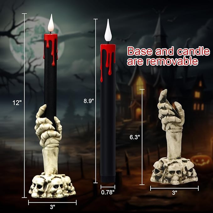 GenSwin Halloween Black Taper Flameless Candles with Ghost Hand Candlesticks and Remote Timer, 2 Pcs Battery Operated Taper Candles with Holder and 3D Flame for Halloween Decor-Ruum Studio Home