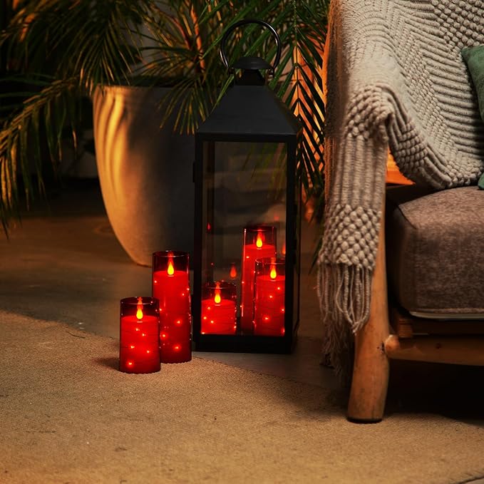 Homemory Acrylic Flameless Candles with Embedded Star String Fairy Lights, Battery Operated Candle, LED Candles, Fake Candles with Remote Control and Timer, Red, Set of 5(H4 5" 6" 8" 8")-Ruum Studio Home