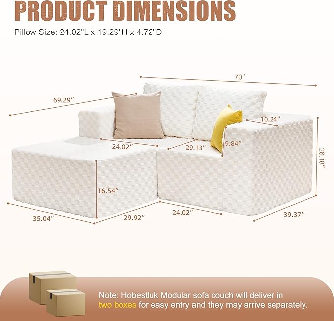 Hobestluk Modular Sectional Sofa Memory Foam Couch L Shape Sofa for Living Room Loveseat with Chaise Lounge Cloud Couch with Removable Cover (Plush White, Loveseat with Chaise)-Ruum Studio Home