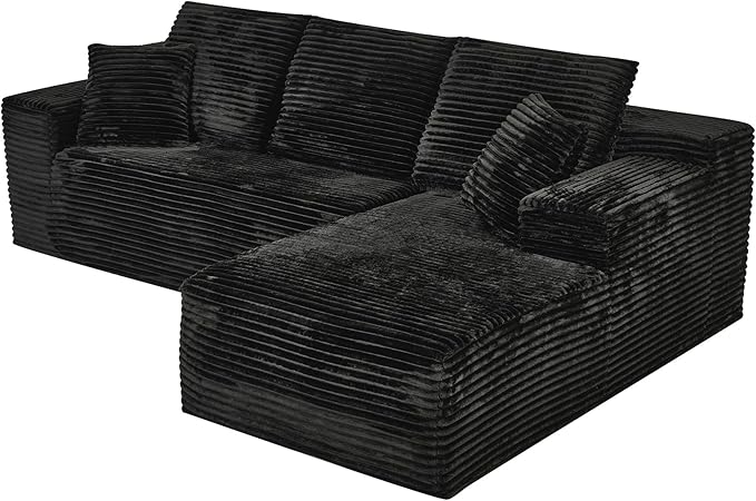 Modular Sectional Sofa Cloud Sectional Couch, 107" Comfy Fluffy L Shaped Black Couches for Living Room, Deep Seat Memory Foam Plush Corduroy Boneless Couch Sectionals with Right Facing Chaise Sofa-Ruum Studio Home