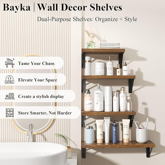 BAYKA Floating Shelves for Wall, Book Shelf for Bedroom, Wall Decor Shelves for Living Room Kitchen, Mounted Wood Floating Shelf for Home Decor, Corner Shelf for Bathroom, Office(Set of 4)-Ruum Studio Home