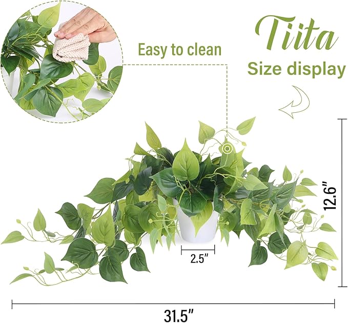 Tiita 2 Pack Fake Plants Artificial Scindapsus Aureus in Pots, Realistic Fake Greenery Potted Plants for Home Office Desk Window Sill Bathroom Bedroom Outdoor Indoor-Ruum Studio Home