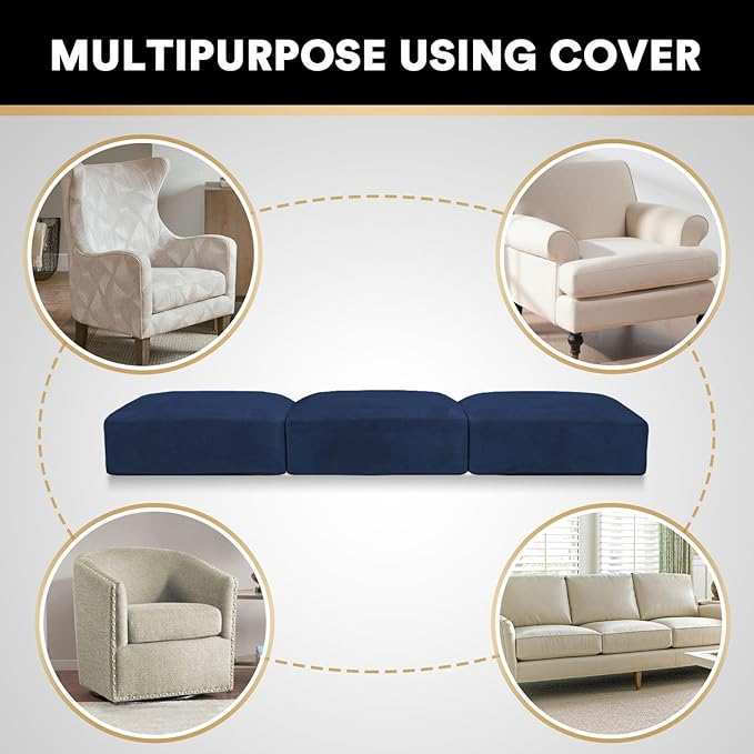 PrinceDeco Velvet Couch Cushion Covers 3 Pieces Velvet Separate Couch Cover Stretch Sofa Slipcover Washable Furniture Protector for Sectional Sofa(Each Width Up to 40", Navy)-Ruum Studio Home