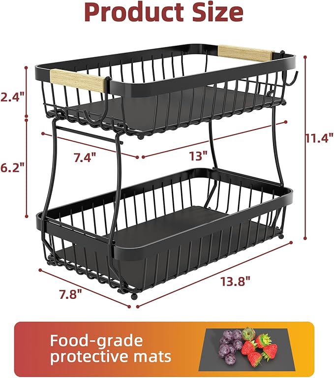 2 Tier Fruit Basket for Kitchen Counter with 2 Mobile Banana Hangers, 2025 Pro Detachable Metal Fruit Bowl with Wooden Handle, Fruit Holder for Bread Snack Veggies with Protective Mats-Ruum Studio Home