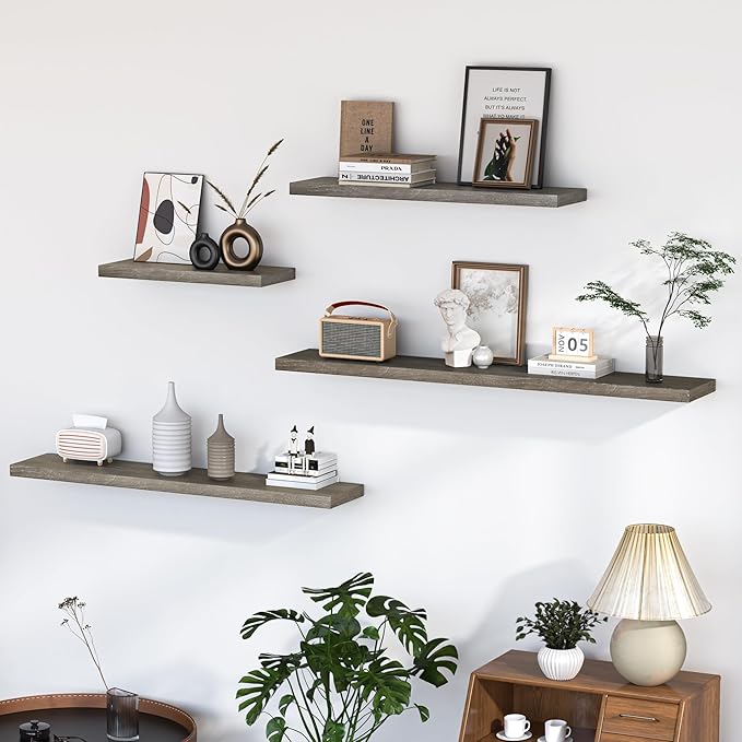 Fun Memories Floating Shelves for Wall, 24"x9.3" Rustic Solid Elm Wood Shelves, Heavy-Duty Wall Mounted Shelves with Invisible Brackets, Set of 2 for Living Room, Bedroom, Kitchen, Natural Finish-Ruum Studio Home
