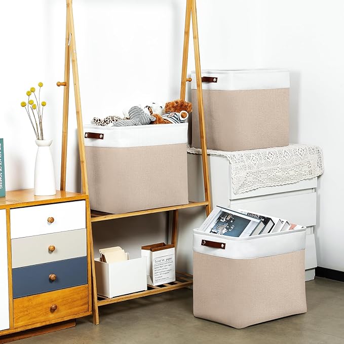 DULLEMELO Large Storage Baskets for Organizing, Canvas Storage Bins Big Baskets With Handles for Shelf Clothes Empty Gift Basket (White&Khaki)-Ruum Studio Home