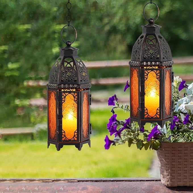 NEEDOMO Set of 2 Moroccan Lanterns Decorative Indoor & Outdoor, Hanging Candle Lantern, 11'' Vintage Candle Holder, Metal Lanterns Decorative, Table, Patio, Porch, Shelf, Gothic Home Decor (Amber)-Ruum Studio Home