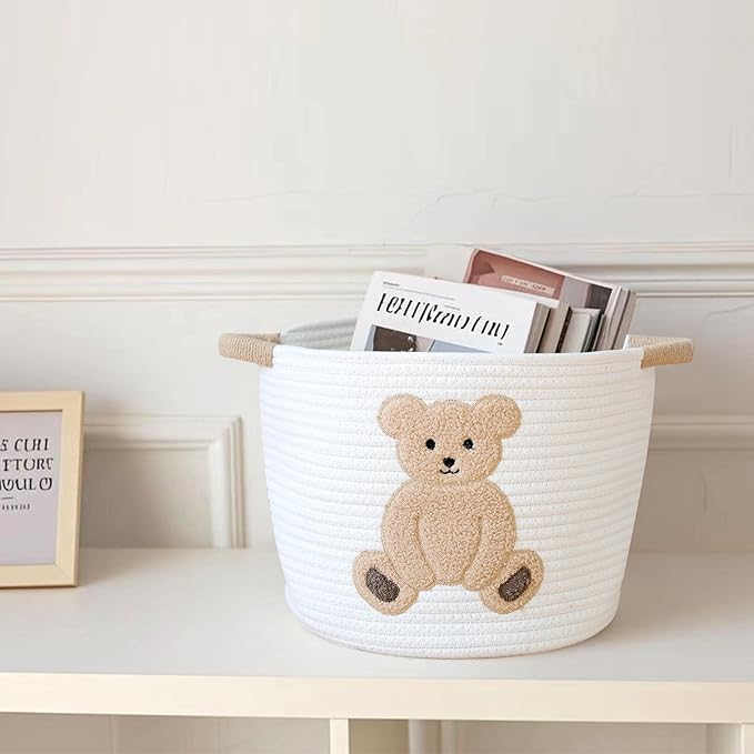 INough Cotton Rope Basket Toy Storage Baskets for kids Laundry Hamper, Gift Basket Empty Baby Shower Baskets with Handles, Cute Bins Blanket Stuffed Animal Storage for Nursery, Living Room Decor, Bear-Ruum Studio Home