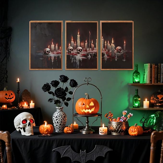 Aurlan Gothic Bloody Skull and Candles Framed Wall Art(16"x24"), 3PCS Horror Dark Academia Halloween Skeleton Canvas Artwork, Modern Goth Spooky Creepy Ghost Decor for Home Office Bedroom-Ruum Studio Home