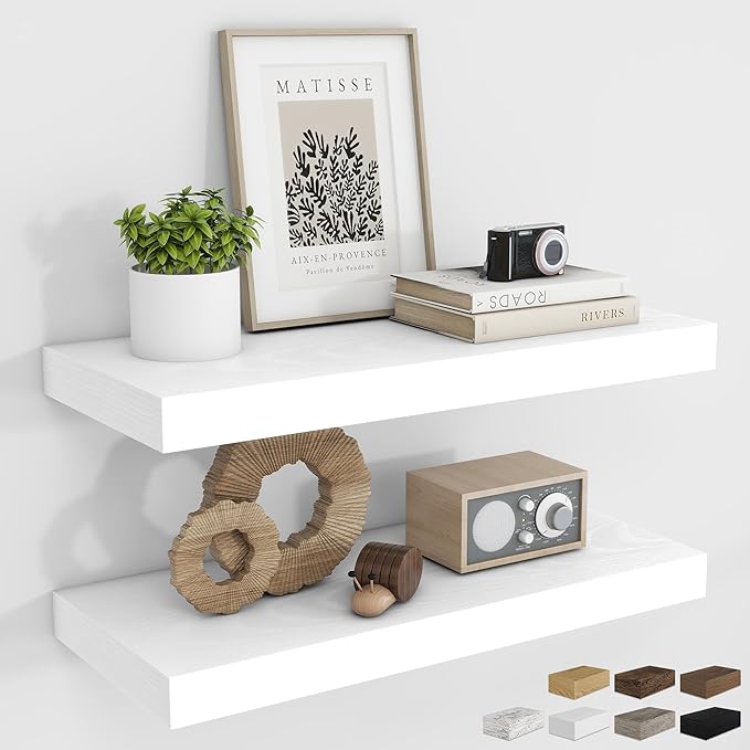 RICHFOCUS 24Inch Floating Shelves for Wall 2 Pack Shelves for Bedroom|Kitchen|Bathroom Wall Mounted Rustic Wood Floating Shelf with Invisible Brackets for Books|Storage|Decor, White-Ruum Studio Home