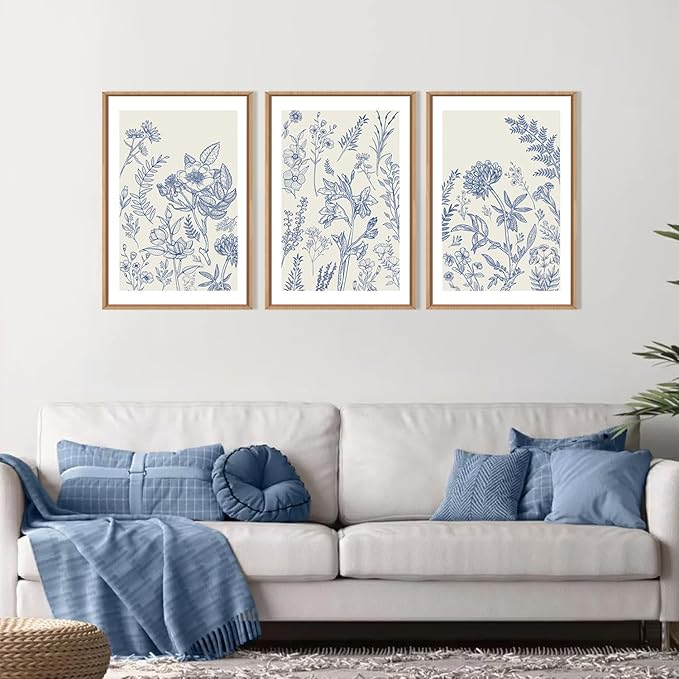 HPINUB Classic Chinoiserie Floral Framed Canvas Wall Art Set,Watercolor Blue and White Botanical Flowers Wall Decor,Navy Blue Minimalist Wildflower Art Print for Living Room,Bedroom,Office-24x36x3-Ruum Studio Home