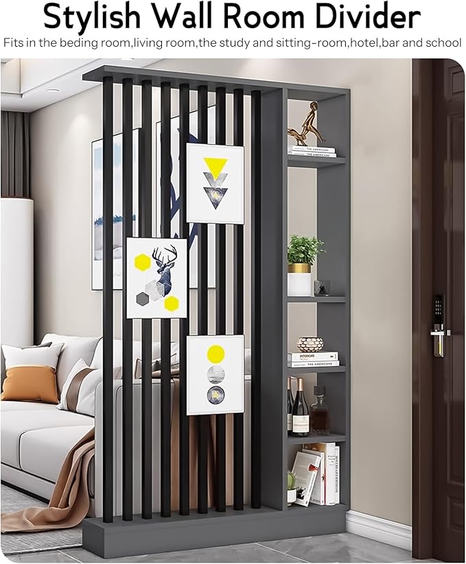 Wall Room Divider, Storage Cabinet Storage Display with Shelves, Modern Freestanding Wood Room Divider Screen, Wall Privacy Screens for Home Decorative (Grey+Black,47" L x 9.5" W x 79.5" H)-Ruum Studio Home