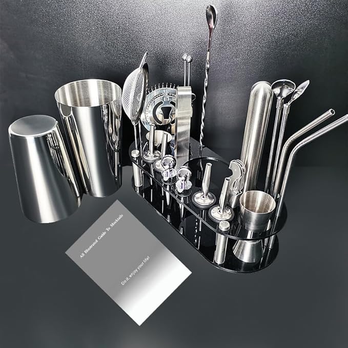 22-Piece Cocktail Shaker Set, 25/20oz Bartender Kit, Bartending Stainless Steel Bar Tools Sets for Drink Mixing, Boston Cocktail Shakers with Stand Recipes Booklet (Siver 25-20oz)-Ruum Studio Home